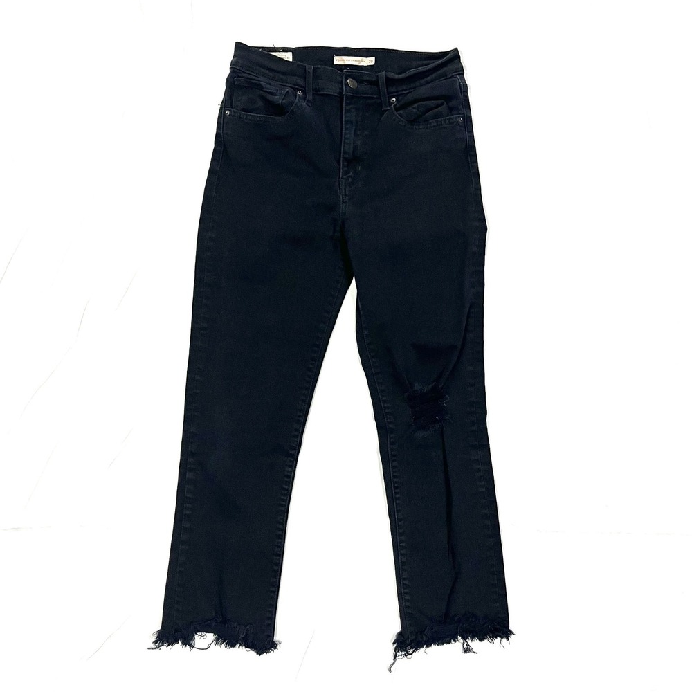 Levis Premium 724 High Rise Straight Crop Jeans Womens 28 Black Distressed Big E